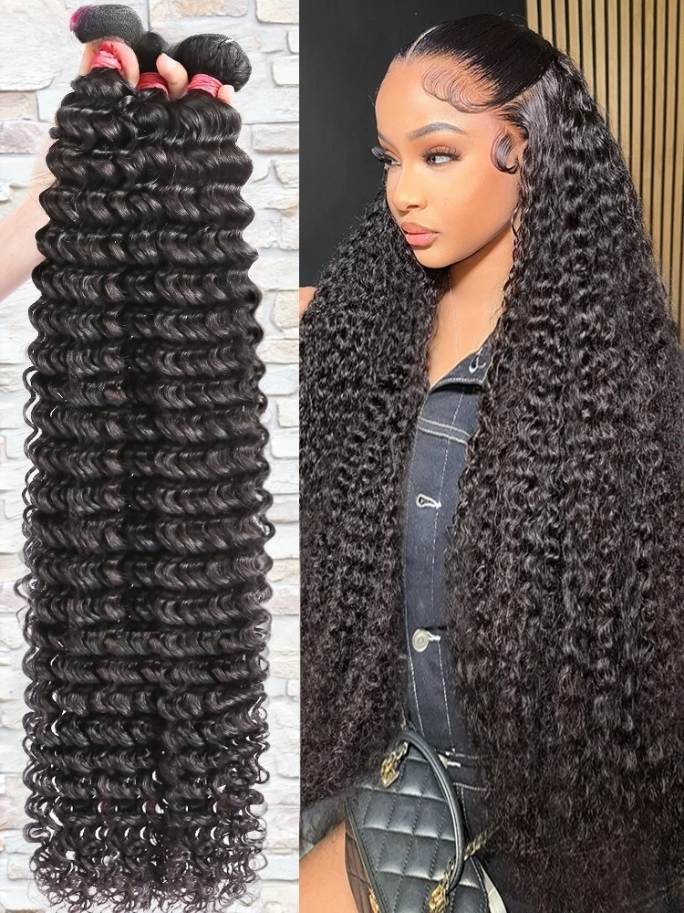 

30 32-дюймовый пучок необработанных человеческих волос с волнистыми волнами, бразильские пучки волос с глубокими волнами, пучки волос Remy, 1/3/4 предложение для чернокожих женщин