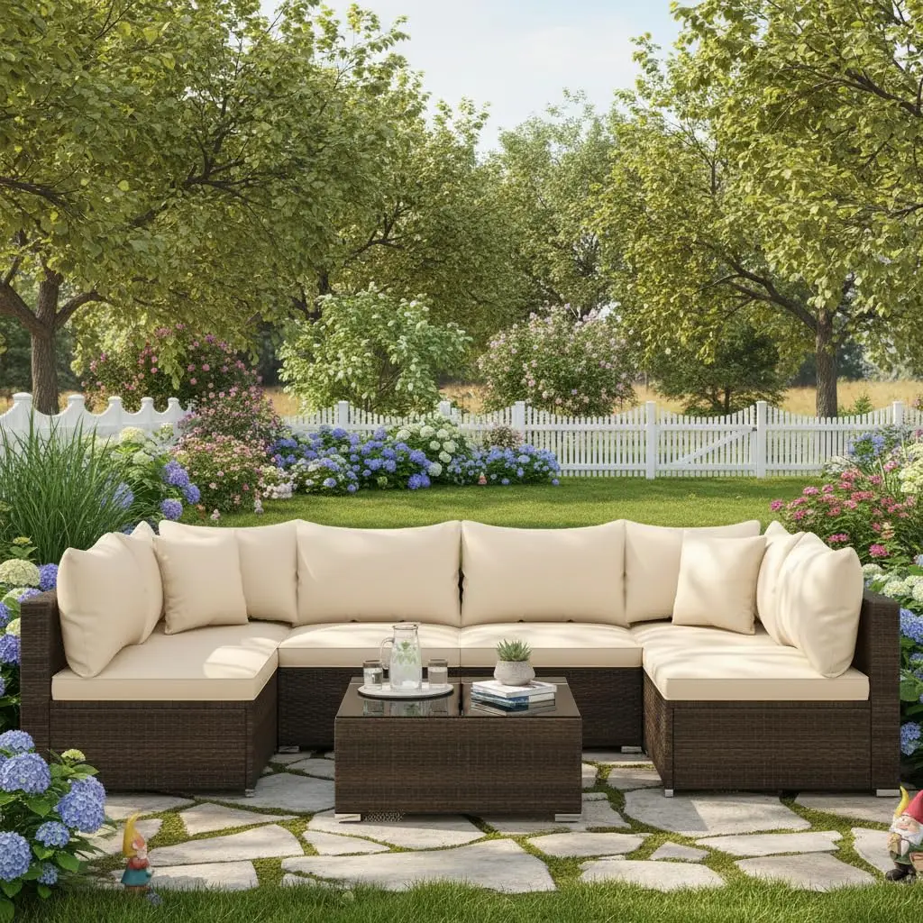 7 Pieces Wicker Patio Furniture Set, All-Weather Outdoor Rattan Sectional Sofa Set with Cushions & Tempered Glass, Custom image 2