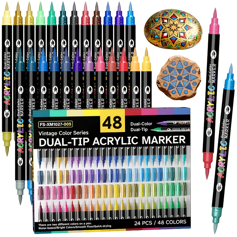 

48-Color Dual-Tip Water-Based Acrylic Marker Soft Brush Tip Markers for Rock Painting Wood Stone Glass DIY Crafts Art Supplies