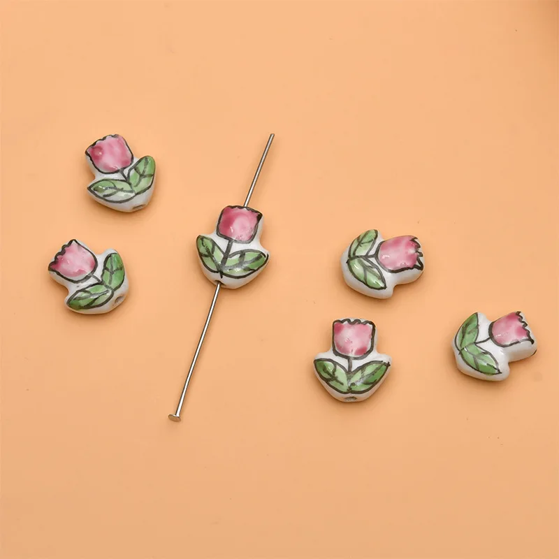 5pcs 16x14mm Hand Painted Flower Ceramic Beads For Jewelry Making Loose Spacer Pink Yellow Ceramics Bead DIY Accessories