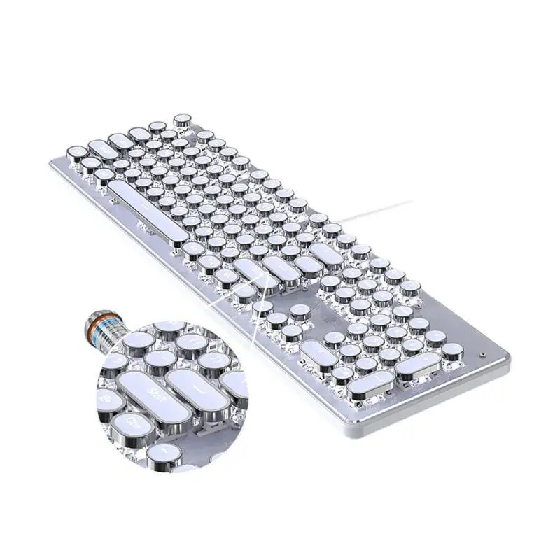 Vintage Typewriter Mechanical Gaming Keyboard with White Backlit 104-Key Corded Media Control Game Keypad White