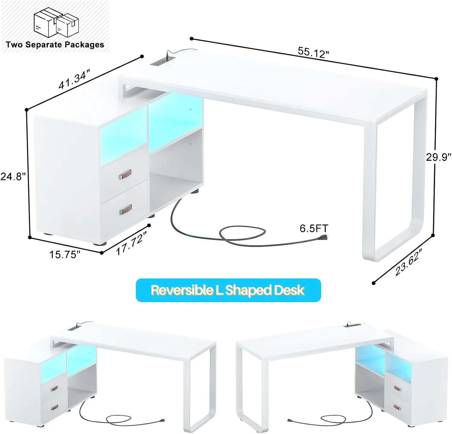 Zones ieasy-Bureau en forme de L avec classeur et prise de courant, grands bureaux d'ordinateur réversibles de 55 pouces avec bande LED