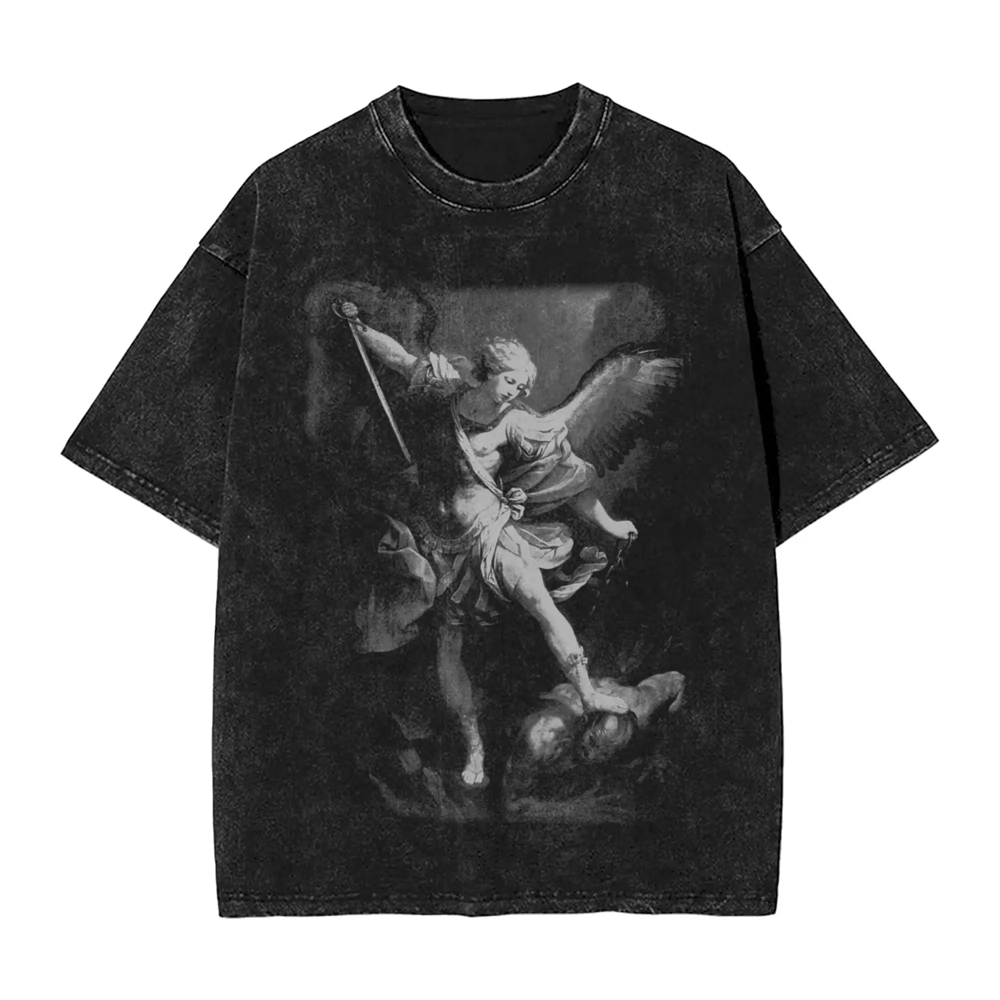 Saint Michael The Archangel Defeating Satan Christian T Shirt  Fashion T Shirts Short Sleeve Streetwear Tops Beach Cotton Tees