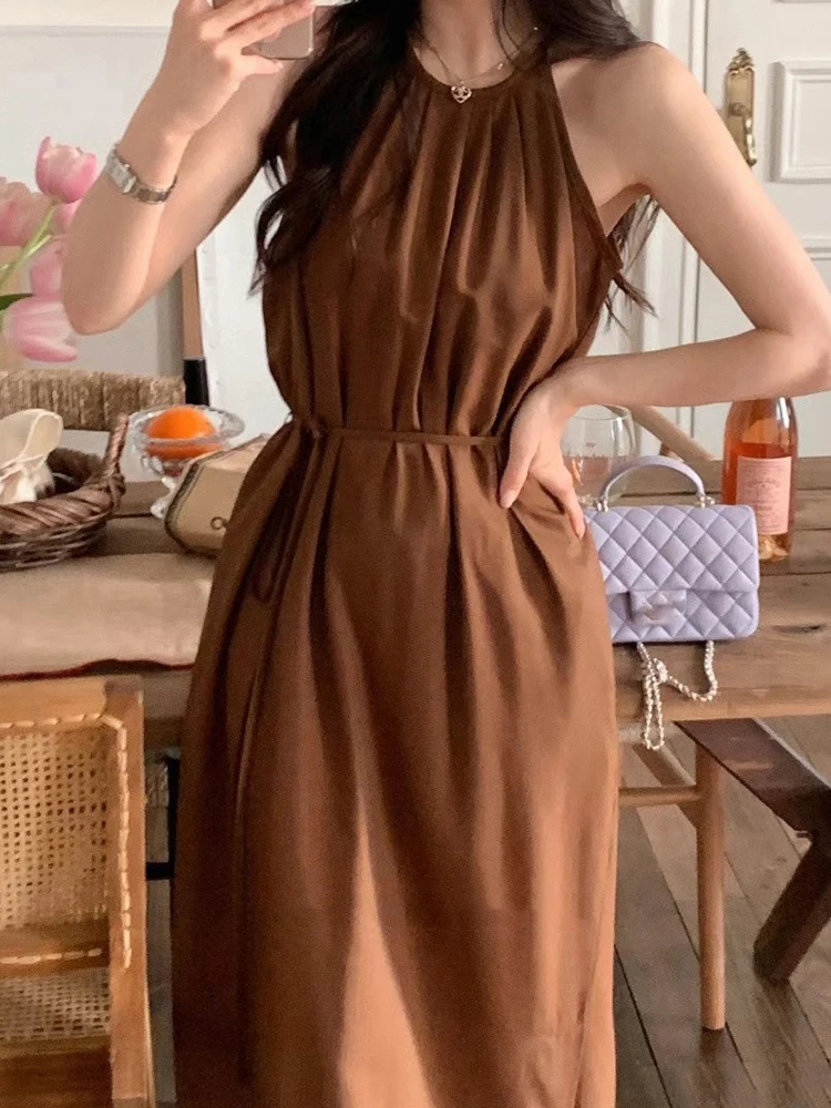 Vaion Sle Off-oulder Long Dr Women's High Waist A-Line Skirt without Sve Summer Season Hanging Ne Pleated Dr