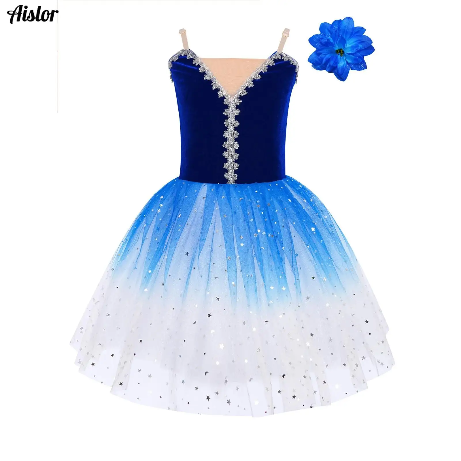 

Kids Girls Ballet Dance Dress Sleeveless Adjustable Straps Velvet Bodice Sequined Ballet Tutu Dress+Headwear Performance Costume