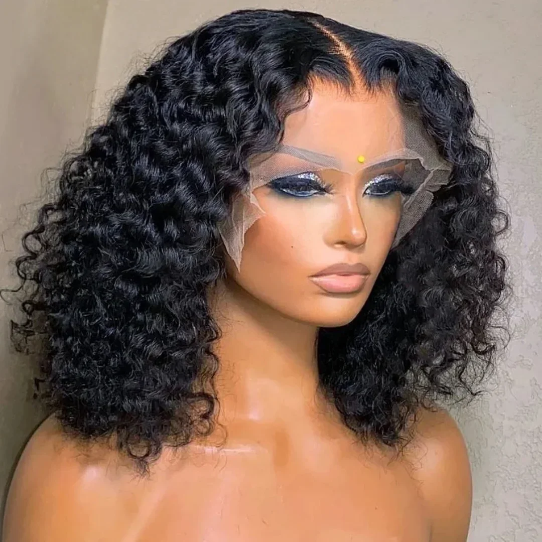 

Black Short Bob Loose Deep Wave Lace Frontal Wigs Curly Lace Front Wig for Women 13x4 HD Synthetic Pre Plucked Cosplay On Sale