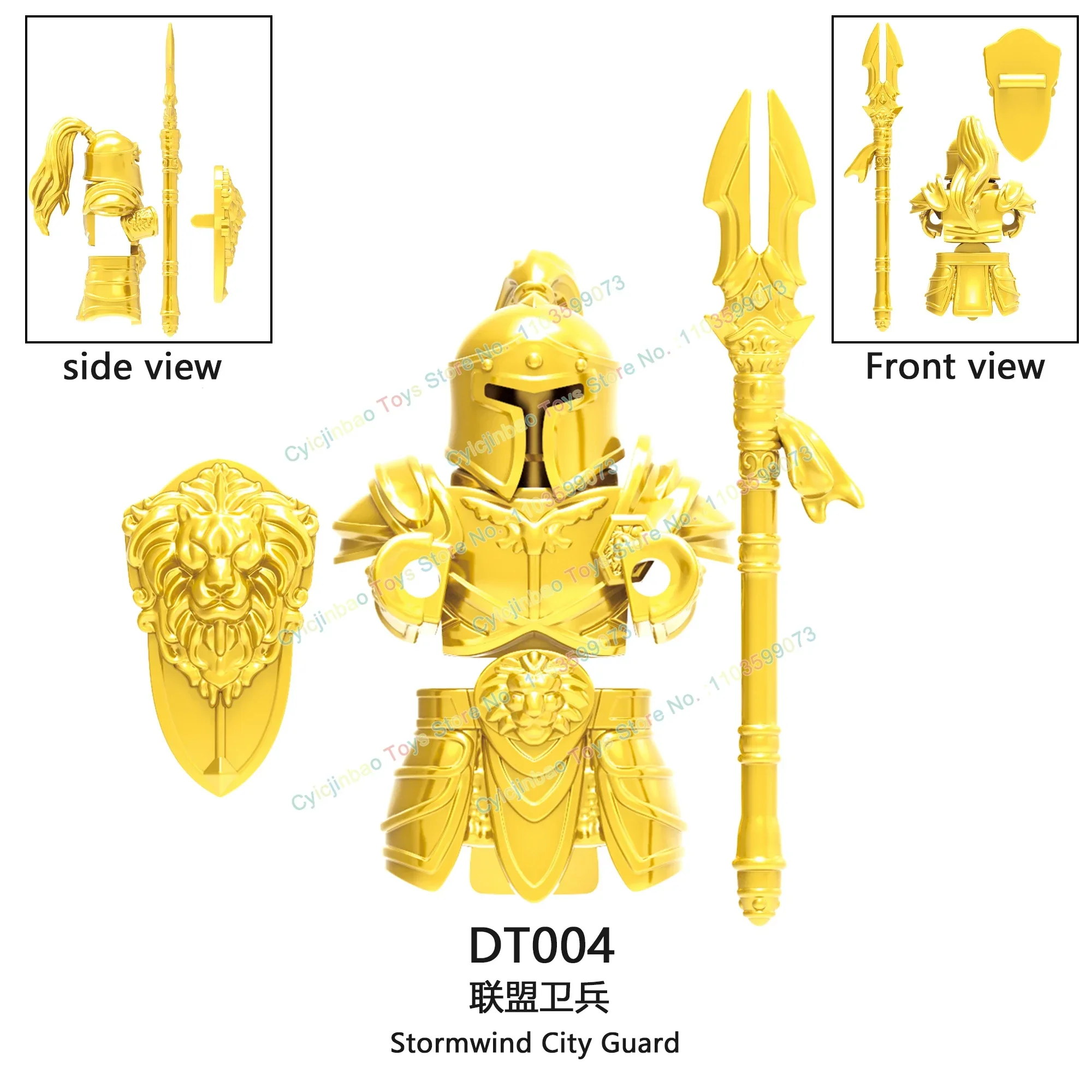 Cheval médiéval doré argent, armure lourde, figurine de chevalier, Stormwind, garde de ville, blocs de construction, accessoires, jouets pour enfants