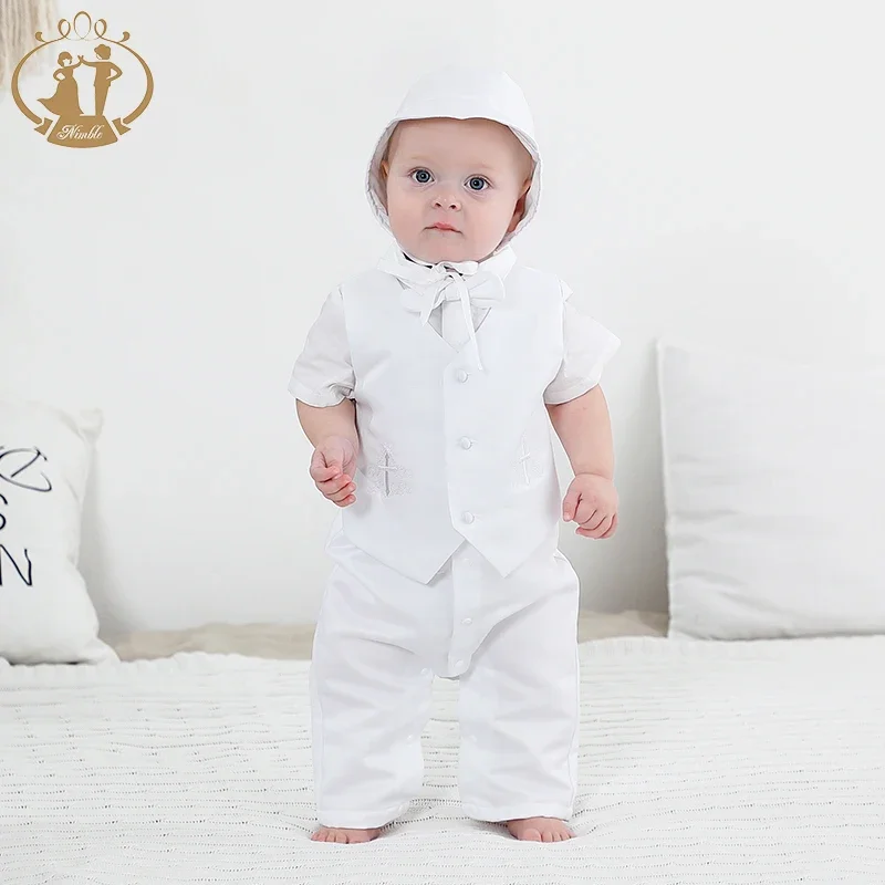 White Baby Boy Clothes Set Baptism Outfits Summer Solid Full Sleeve Suit Lace Christening Gown Newborn Gentleman Birthday