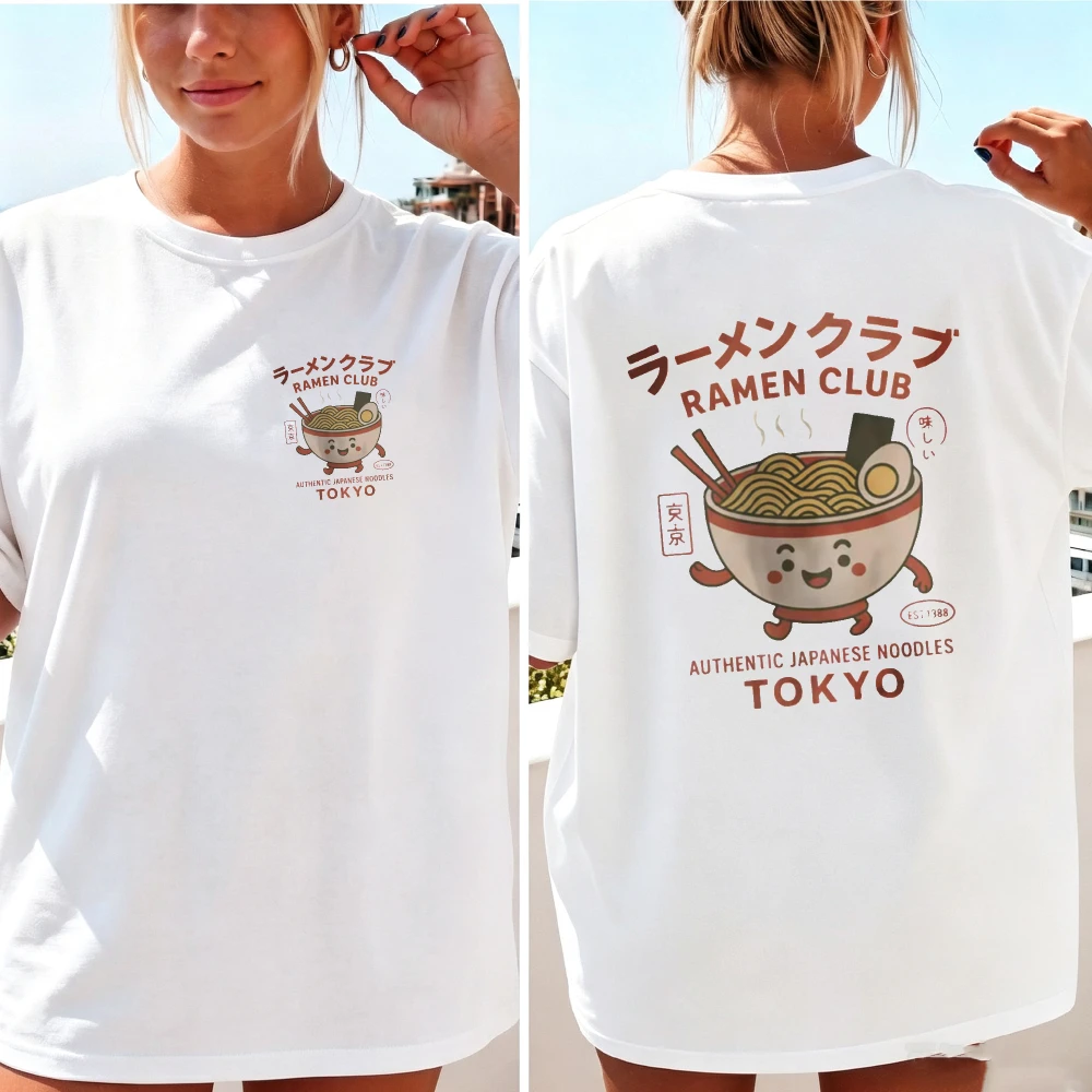 Women Ramen Club Tokyo Japanese Cartoon Noodle Bowl Tshirt Kawaii Ramen Bowl Japanese Text Cotton Asian Food Lover Casual Blouse