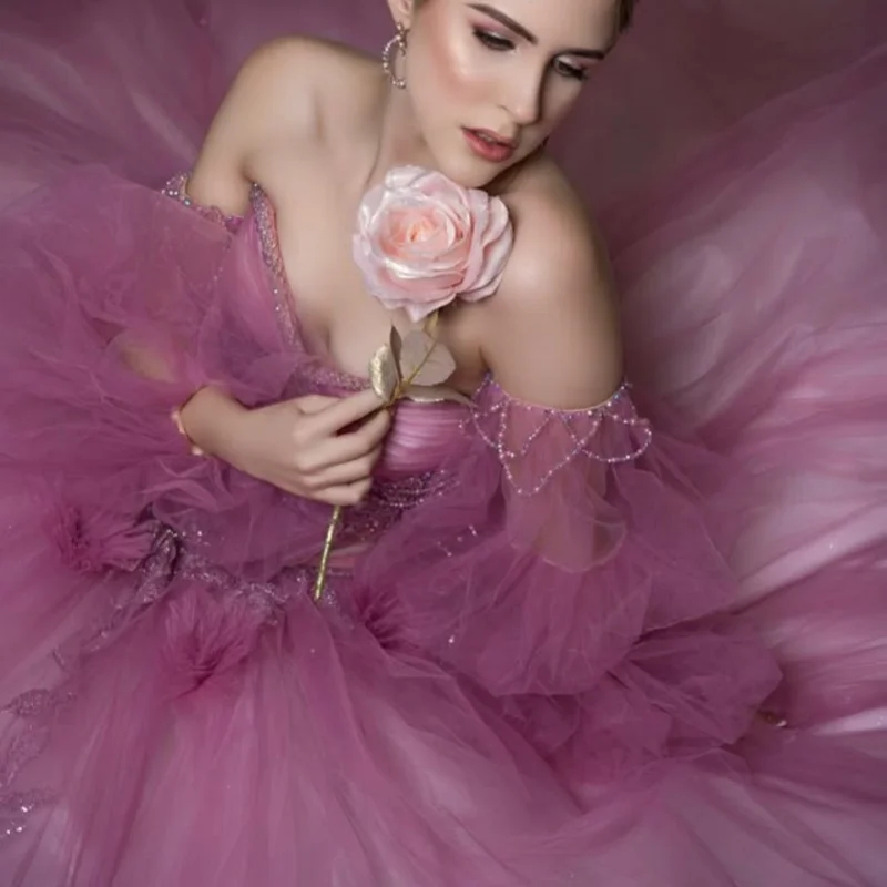 

Lavender Quinceanera Dress Glitter Decal off-shoulder Lace layering 3D Flower Long tail Vestidos De 15 Quinceanera ﻿Customize