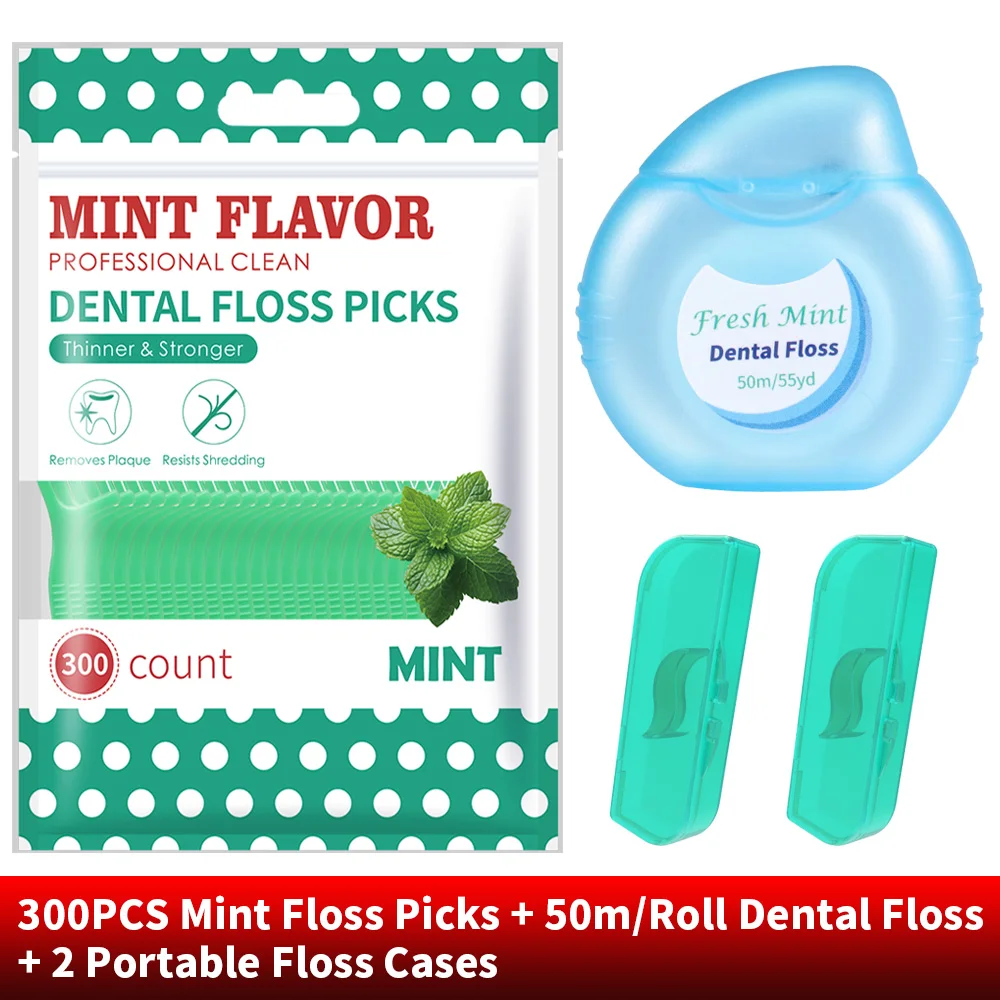 

300PCS Mint Floss Picks + 50m Dental Floss + 2 Portable Cases, Family & Travel Oral Hygiene Combo Kit