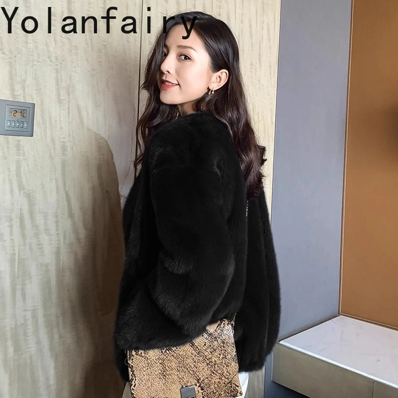 YOLANFAIRY 신상 천연 밍크 퍼 자켓 여성용 리얼 퍼 코트 가을 겨울 고품질 숏 퍼 코트 여성 아우터웨어