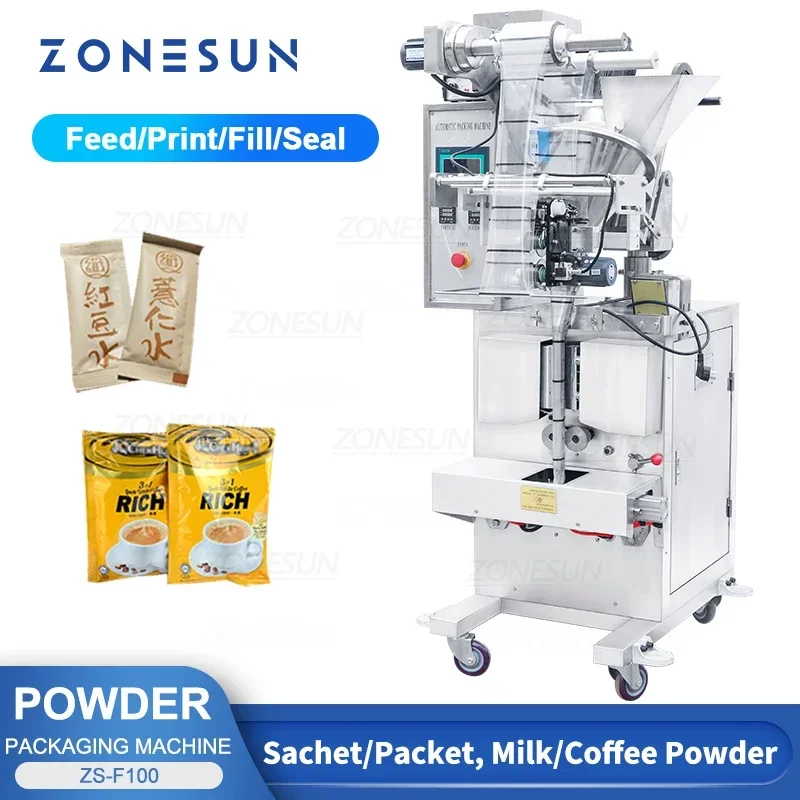 ZONESUN Automatic Powder Filling Machine Four Side Seal Pillow Bag Powder Packing Machine for Flour Milk Powder Coffee