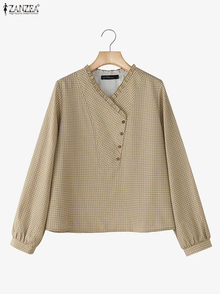 Zanzea blusas femininas xadrez primavera 2026 casual manga longa babados com decote em v meio botões guingão topos vintage verificado roupas femininas