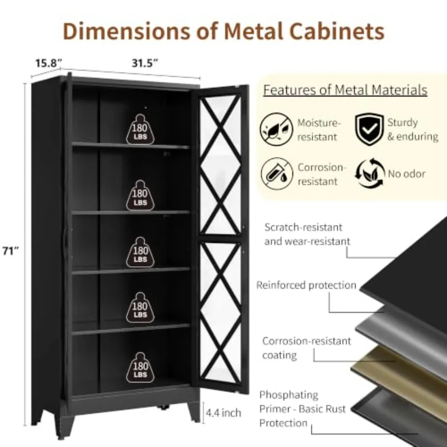 71 H Glass Display Cabinet for farmhouse use, metal construction, black finish, adjustable shelves and vintage-style hardware view 2