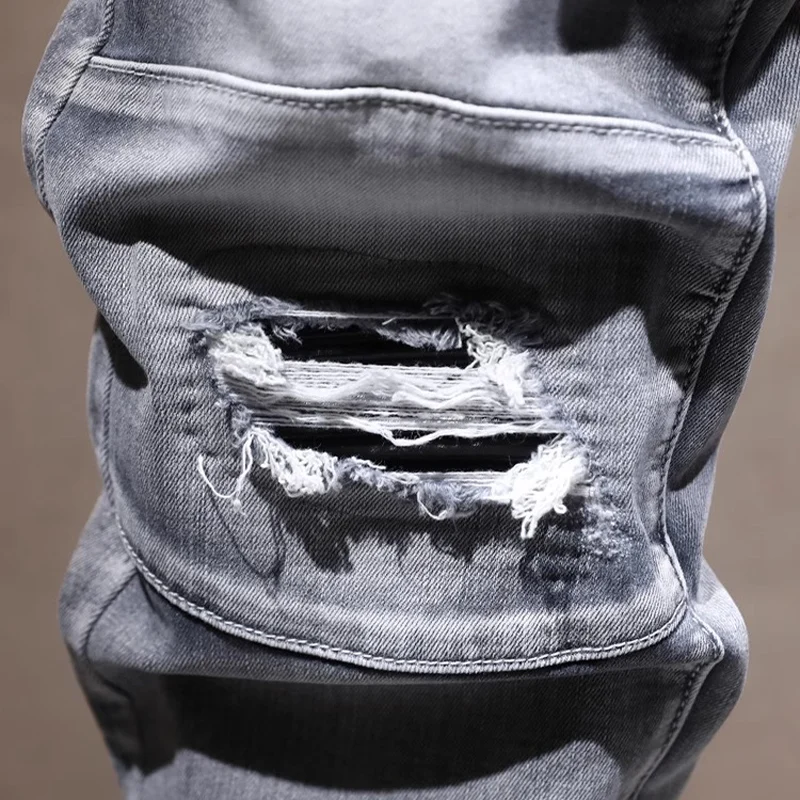 Street Designer Fashion Men Jeans Retro Gray Stretch Slim Fit Spliced Ripped Jeans Men Zipper Patched Hip Hop Denim Biker Pants