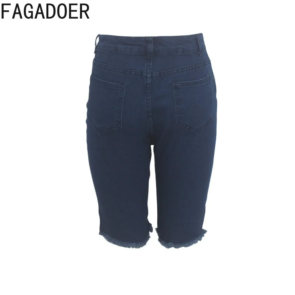 FAGADOER-pantalones vaqueros cortos de cintura alta para mujer, Jeans irregulares elásticos con agujeros, ajustados con botones, color azul oscuro, a la moda, novedad de verano