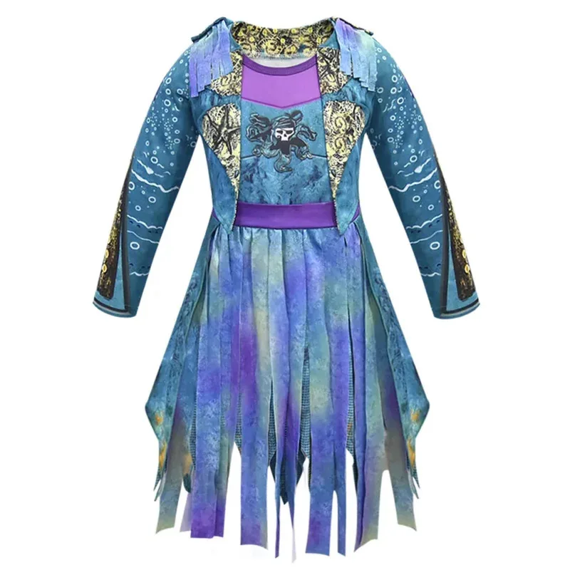 Discendenti 3 Mal Bertha Malfica Riccioli Vivi Mal Dritto Blu Bambini Ragazze Cosplay Cap Vestito Costume di Halloween Per I Bambini Parrucca