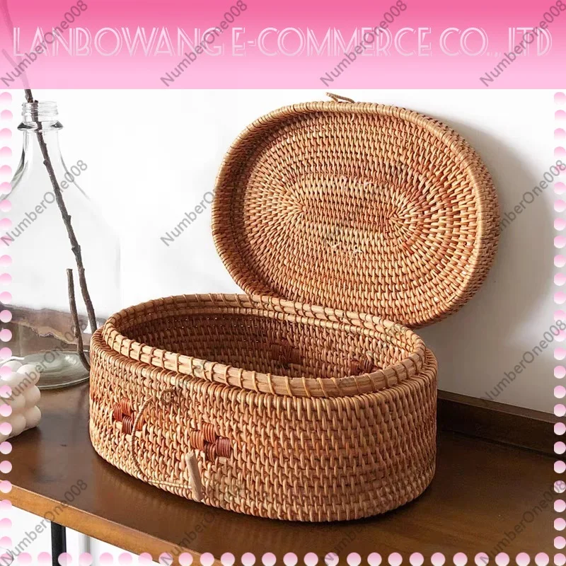 Vietnamese Handwoven Storage Basket Box with Lid Portable Picnic Organizer Container