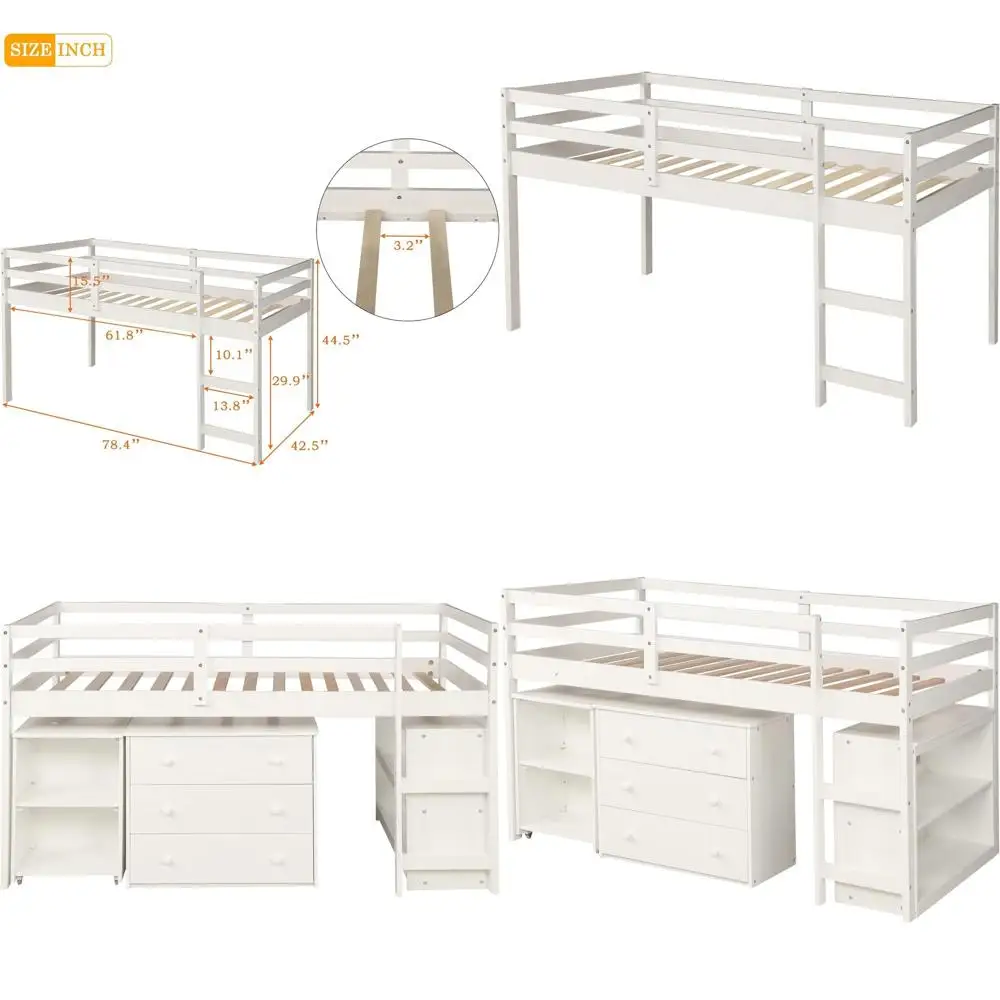 

Двухъярусная кровать для детей с рабочим столом и местом для хранения, портативный передвижной стол для детей и подростков (белый)