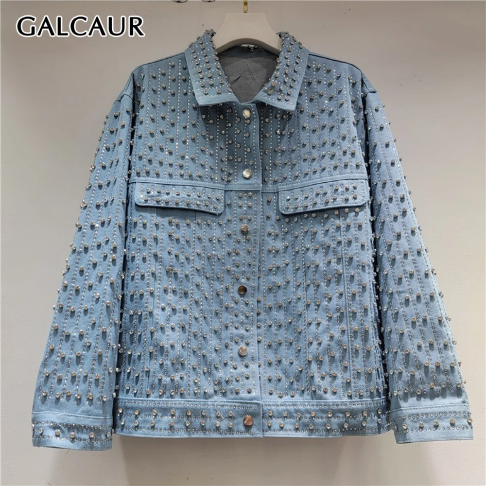 

GALCAUR синяя куртка со сращенными бриллиантами, женская свободная куртка с лацканами и длинными рукавами, элитные женские куртки, осенний стиль, новая модная одежда