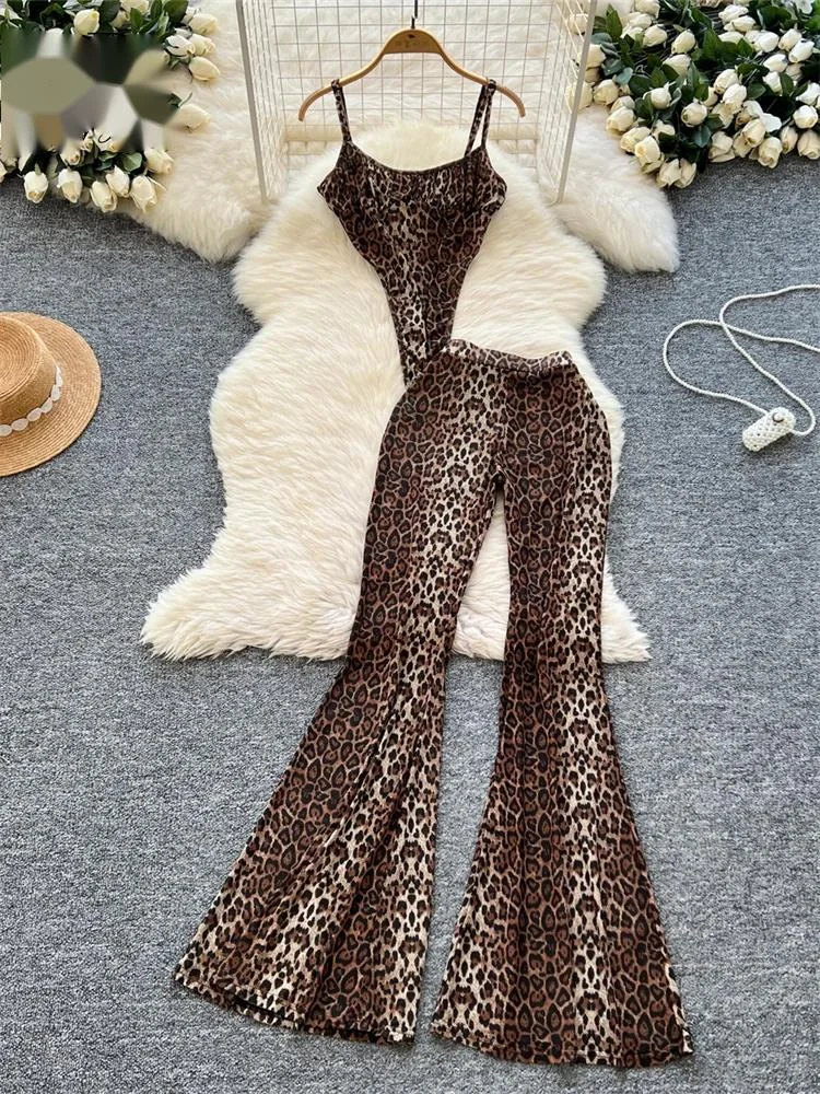 Newest Leopard 2pcs Suits Women Sexy Strap Tops+Elastic Waist Flared Pants American Ins Fashion Hotsweet Sets