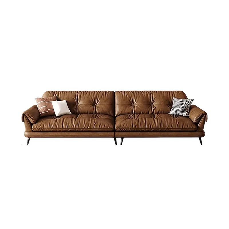 Medieval style oil wax leather sofa retro straight row sofa living room small apartment furniture