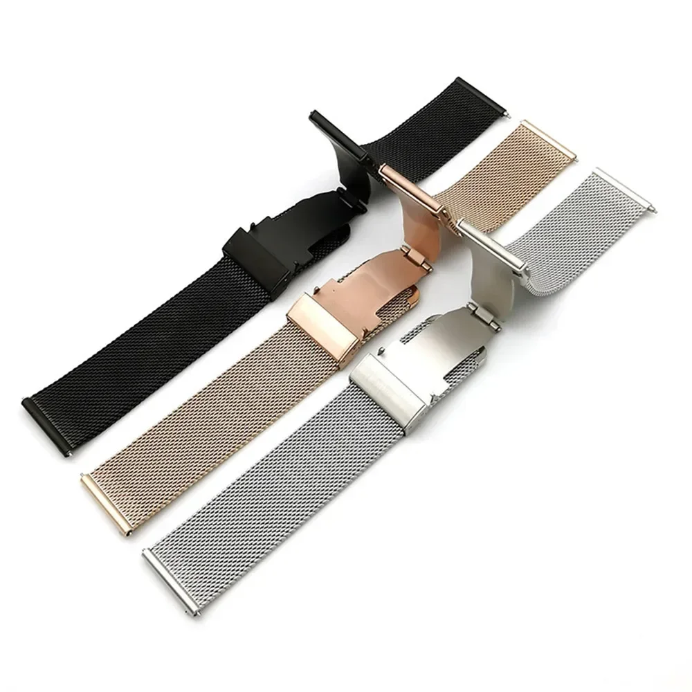 Mesh Milanese Loop Strap Stainless Steel Metal Quick Release Bracelet Double Press Butterfly Buckle Watch Band 18mm 20mm 22mm