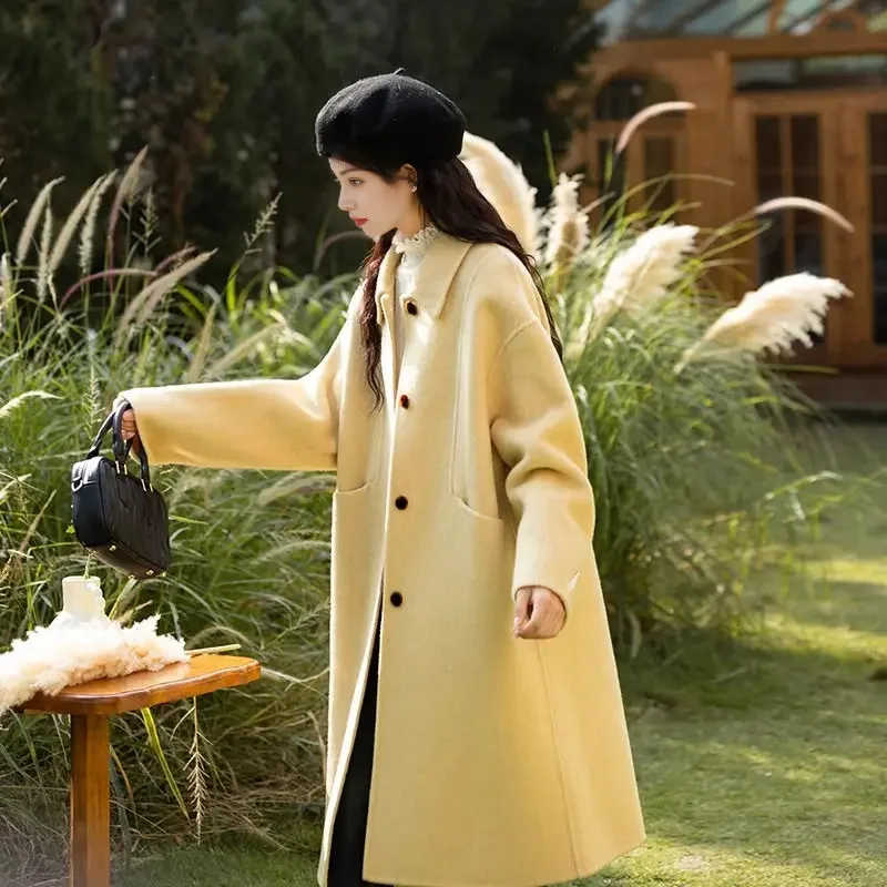 

Popular Yellow Doll Collar Double-sided Woolen Coat for Women's 2025 Autumn Winter New Thickened Medium Long Cute Casual Jacket