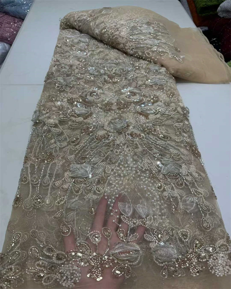 Beaded Lace Fabric Luxury Nigerian Lace Fabric  High Quality Lace Burnt Orange Beaded Lace Fabric For Wedding KB3698