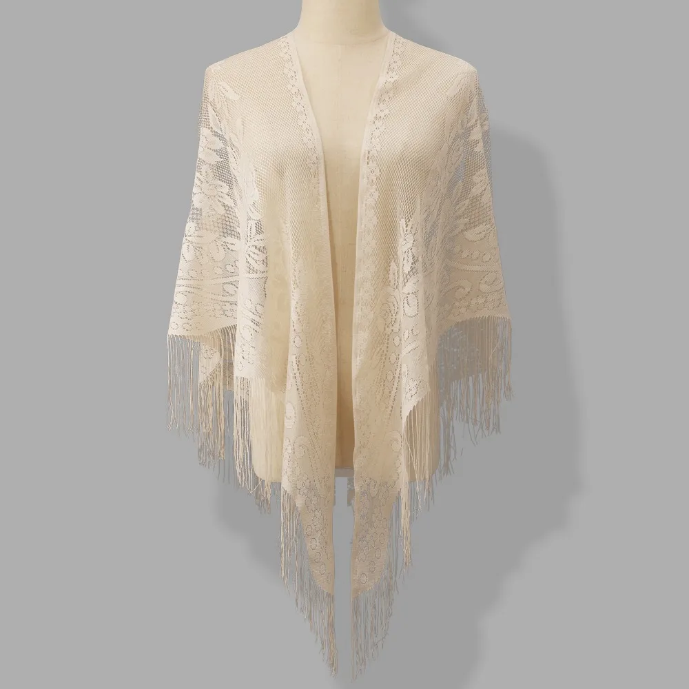 Floral Embroidery Women Lace Scarf Transparent Mesh With Tassels Evening Prom Cape Lightweight Tulle Wedding Bridal Shawl