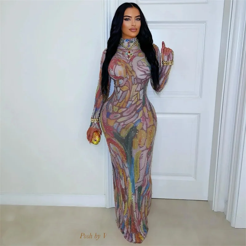 فستان ماكسي ضيق مطبوع عليه ربطة عنق ملونة من Doyerl فستان نسائي طويل الأكمام غمد نحيف قابل للتمدد للحفلات والنوادي فساتين طويلة Ropa De Mujer