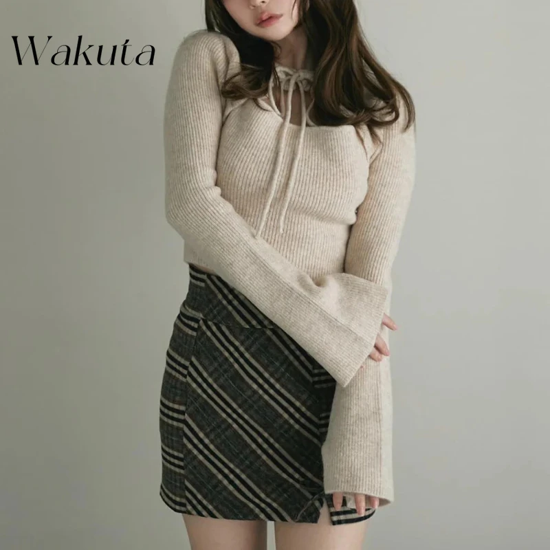 WAKUTA Japanese Spring/Autumn Versatile Sweet Hoodie Lace Hollow Knitted Pullover Sweet Slim Fit Versatile Long Sleeve Retro Top