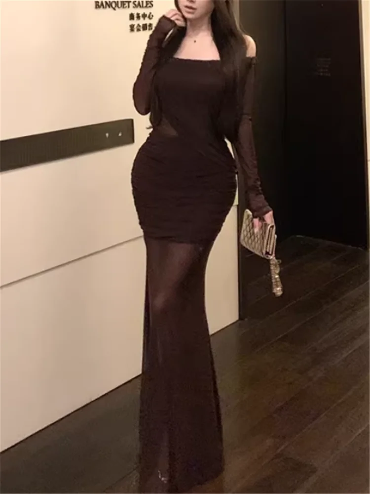 Women Long Sleeve Off Shoulder Coffee Long Dress New Spring Slash Neck Mesh Patchwork Dress Strapless Pleated Pencil Party Dress