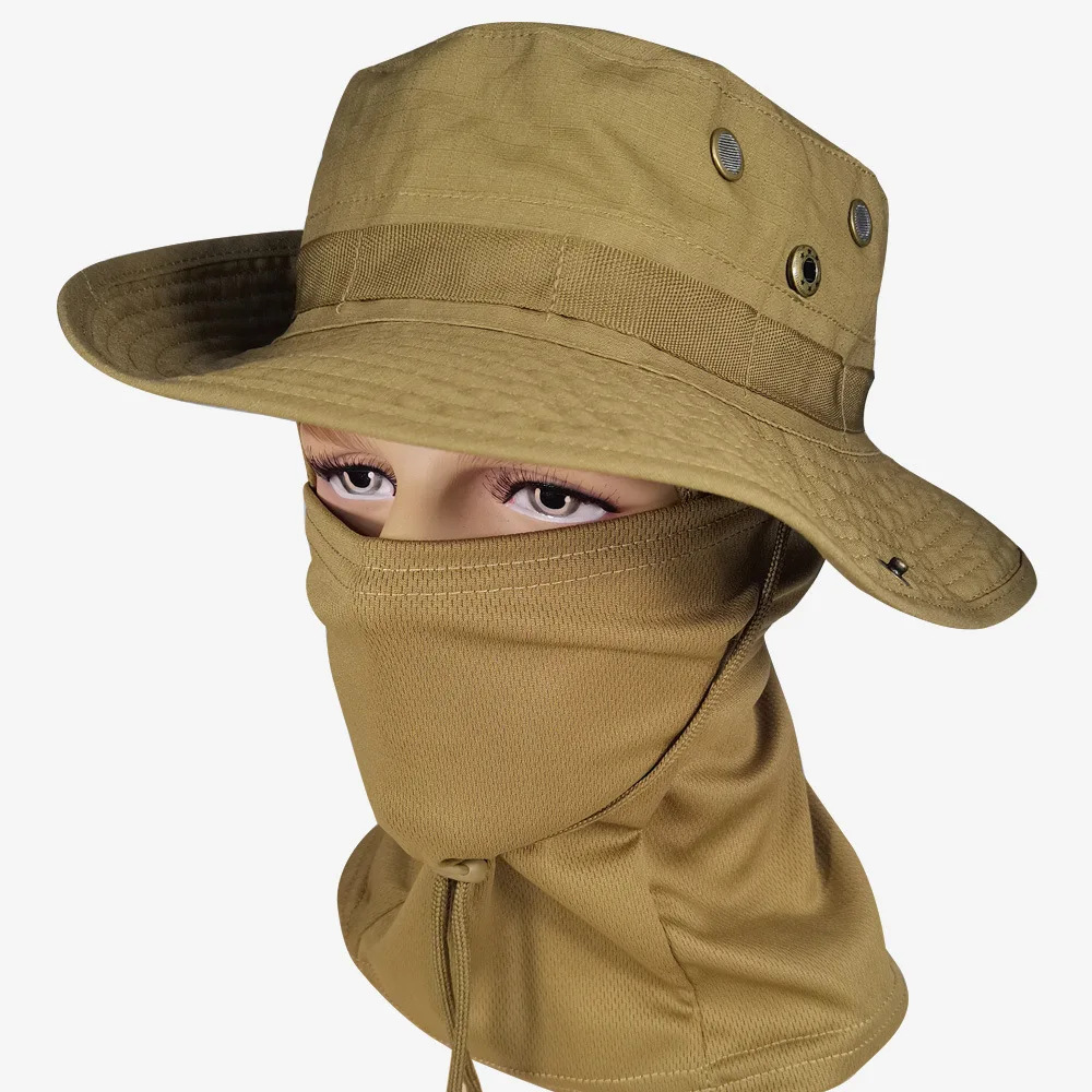 Camo Hat for Men W/ Cooling Neck Gaiter Wide Brim Camo Hat Face Scarf Mask Tactical Military for Running Hunting Fishing Outdoor