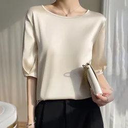 Summer Satin Simple Office Lady Blouse Female Shirt Solid Tops Short Sleeve Casual Korean OL Loose Blouses Women Blusas 2023