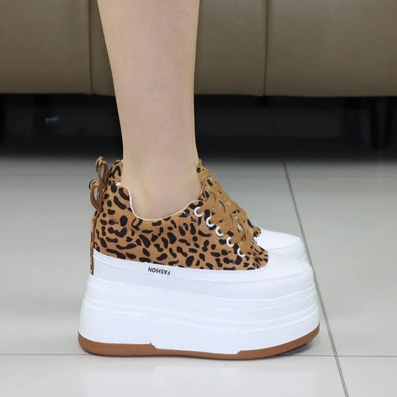Women Leopard Print Sneakers 12CM 10CM Platform Chunky White Shoes Autumn Winter Height Increasing Leg Lengthening Casual Shoes