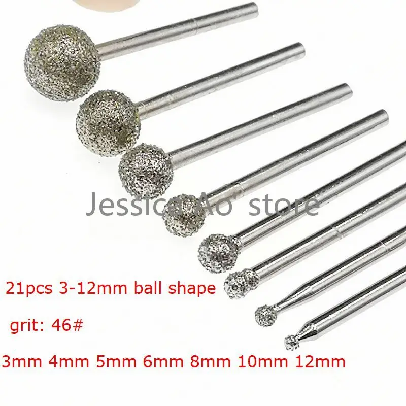 

24pcs 2-12mm 46 Grit Rough Sand Ball Shape Diamond Rotary Burrs Marble Granite Ball Cutters Stone Peeling Jade Carving Tools
