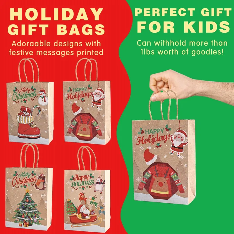 Sac cadeau de Noël Kraft de 21x25,5x10 cm en modèles assortis