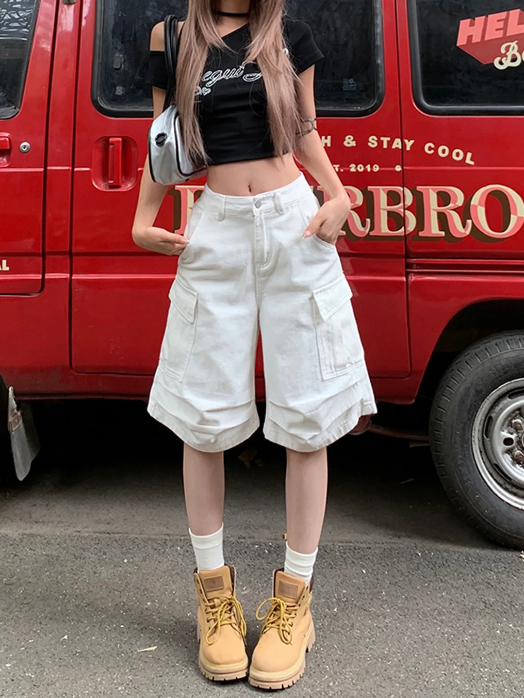 

American Retro High Waist Wide Leg Denim Shorts Women's Summer Loose Multi Pocket Casual Straight Leg Medium Length Pants