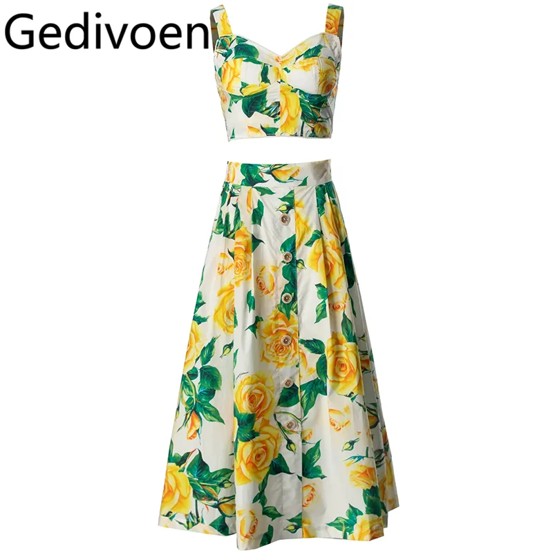 

Gedivoen Summer Fashion Runway Designer Dresses Women's Bohemian Floral Print Backless Camisole+Elastic Waist Skirt 2 Pieces Set