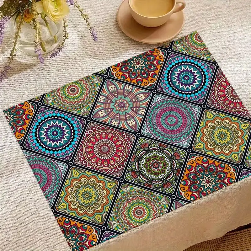 VIKAMA Boho Mandala Tile Placemats Set Ethnic Moroccan Linen Washable Heat Proof Table Mats Vintage Dining Kitchen Home Decor