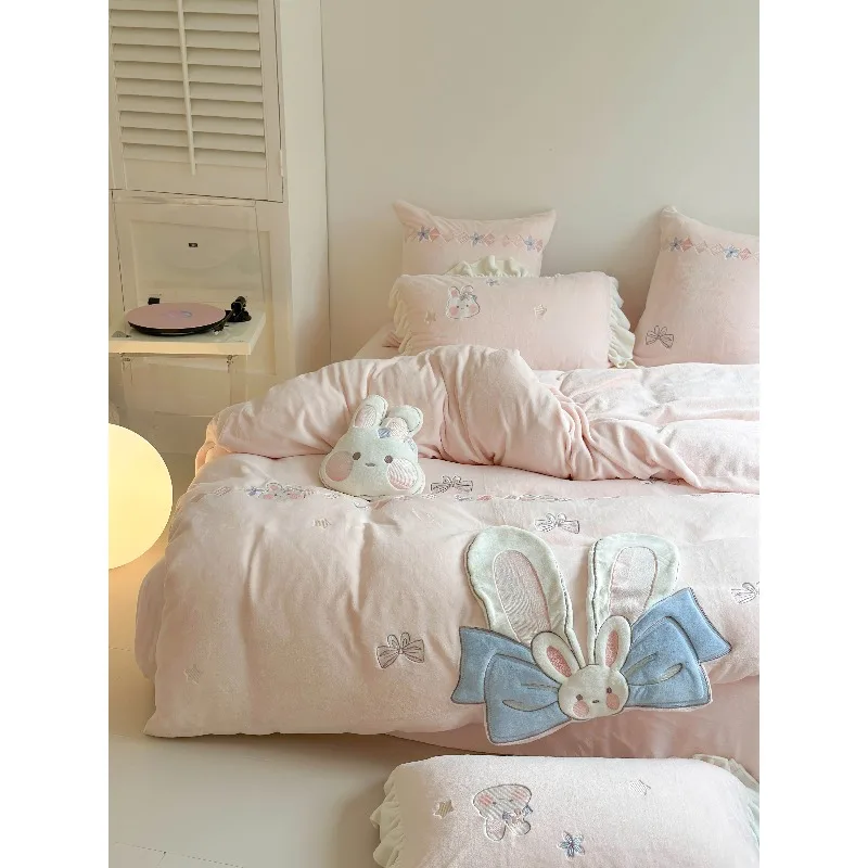 

Cute Rabbit Winter Milk Fleece Four-piece Thickened Double-Sided Coral Fleece Bed Quilt Cover