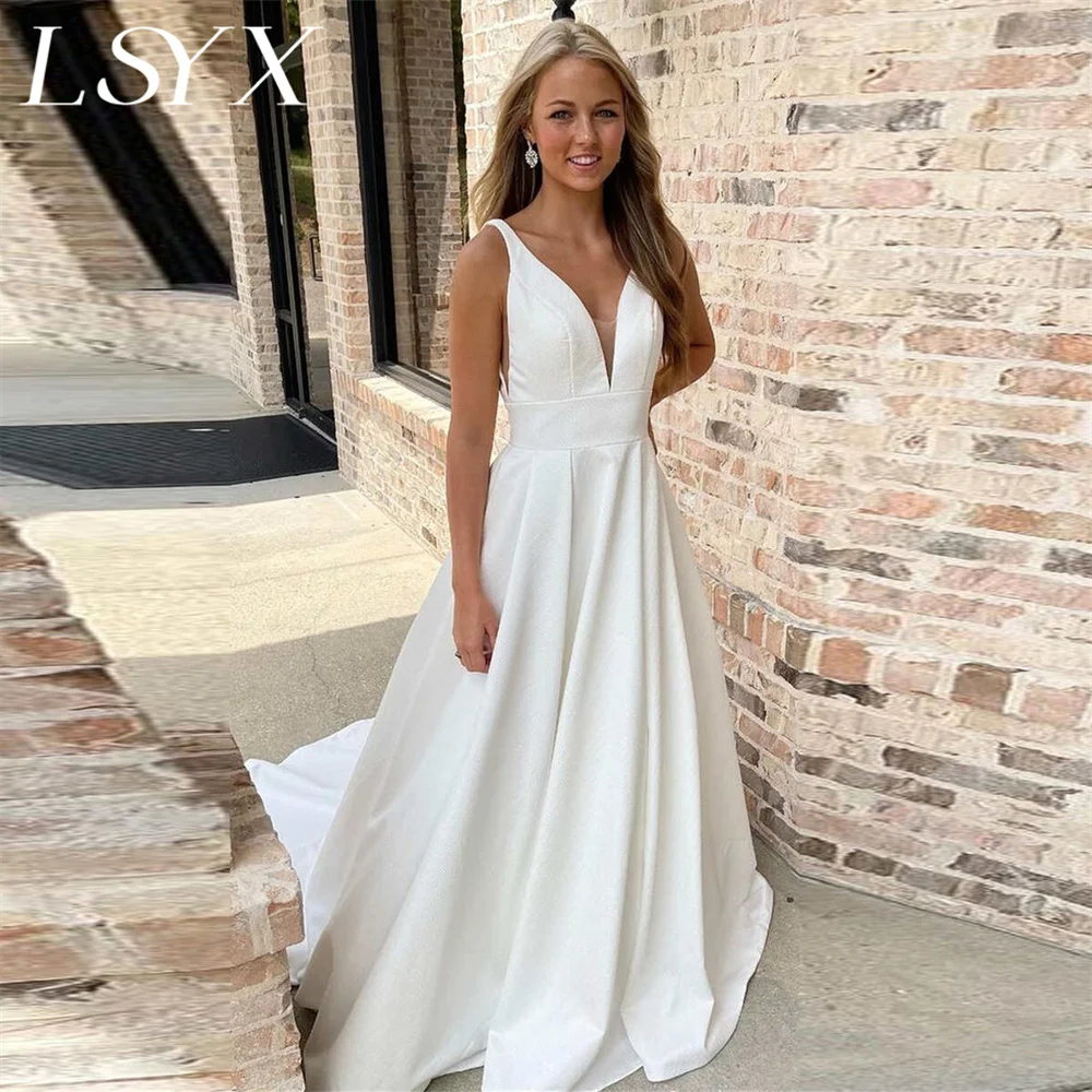 

LSYX Customized Simple Sleeveless Deep V-Neck Crepe A-Line Wedding Dress For Women Open Back Court Train Bridal Gown