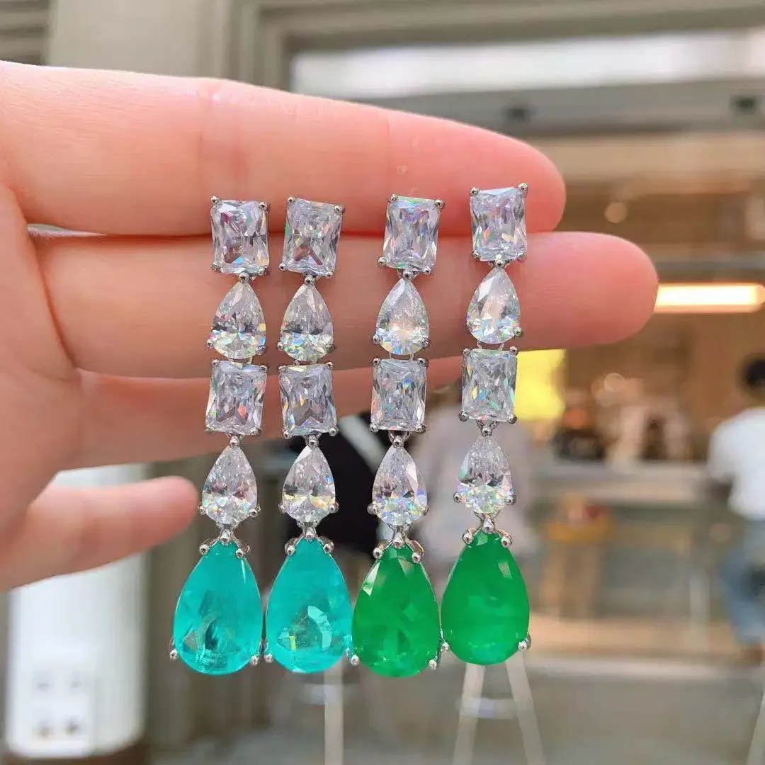 

Retro Fashion Paraiba Emerald Stone Tassel Dangle Earring Luxury Women Jewelry 2024 Wedding Anniversary Dress Accessory