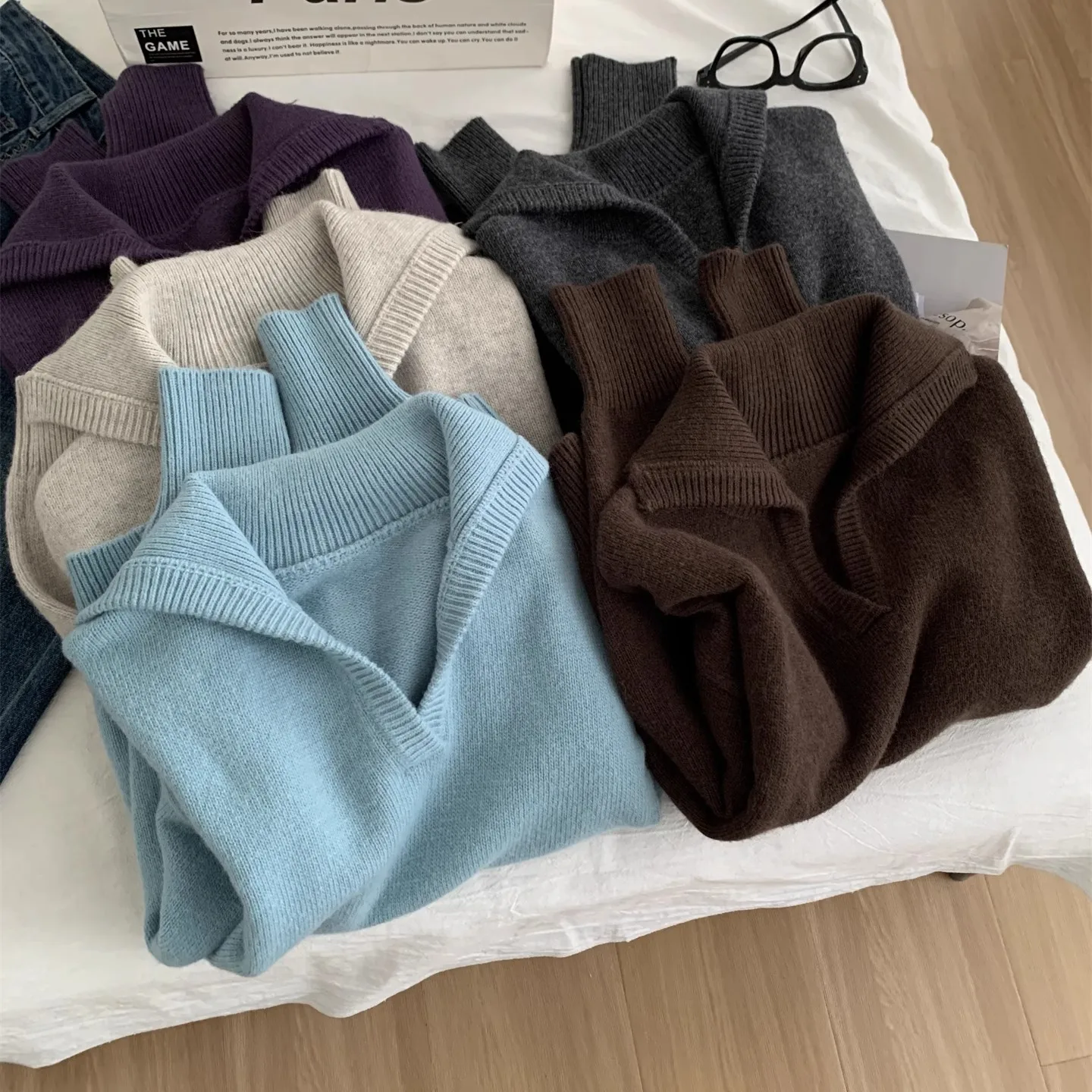 

Raccoon Fleece Big V Collar Pullover Sweater For Women, Soft Wool Knitwear, Autumn Winter Lazy Style Rabbit Fur Base Shirt