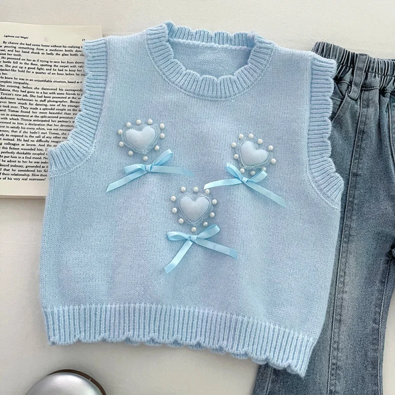 

Girls' Autumn Three-Piece Set2025New Style Little Girl Fashionable Knitted Vest Shirt Flared Pants Jeans Set