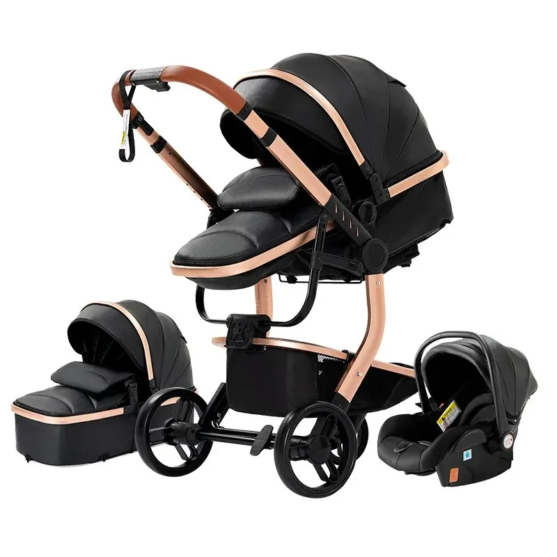 3 in 1 stroller Baby stroller Newborn Stroller High Quality Baby Carriage Senior Baby Portable Rubber Wheel PU leather Parm