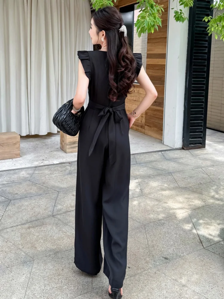 Monos de verano para mujer, peleles negros con mangas voladoras y cuello cuadrado, moda informal con cordones y cremallera frontal, ropa de calle general