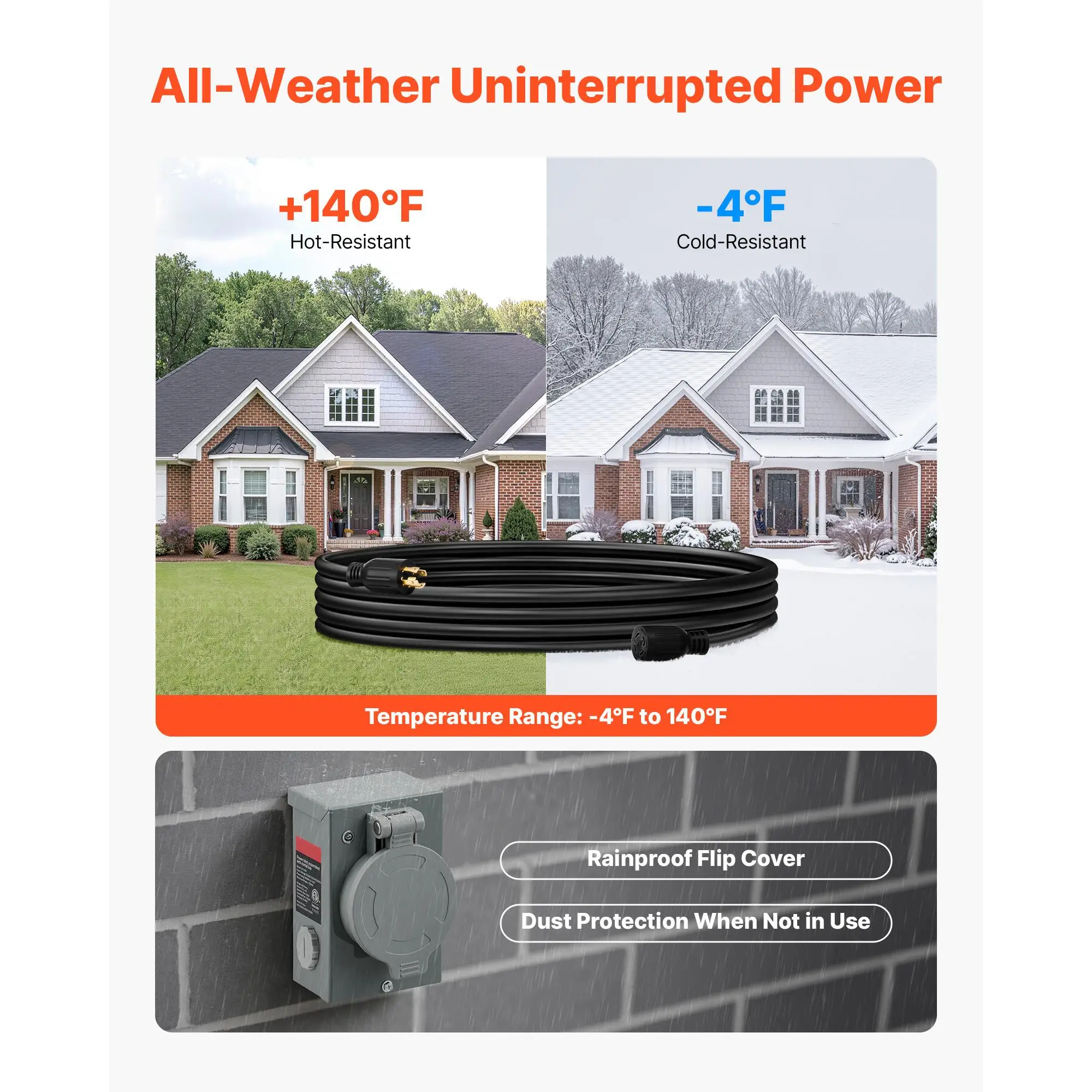 30 Amp for generator Extension Cord with Power Inlet Box 100 FT 125/250V L14 30P to L14 30R 10AWG SJTW 7500W Heavy Duty Outdoor Cable for Home Backup Power
